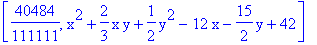 [40484/111111, x^2+2/3*x*y+1/2*y^2-12*x-15/2*y+42]